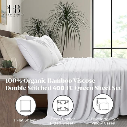 Luxury Bamboo Market | Queen Size Bed Sheet Set | 100% Viscose Made from Bamboo | Organically Grown | Ultra Soft | Cooling Sheets for Hot Sleepers | 17" Deep Pocket [Classic White]