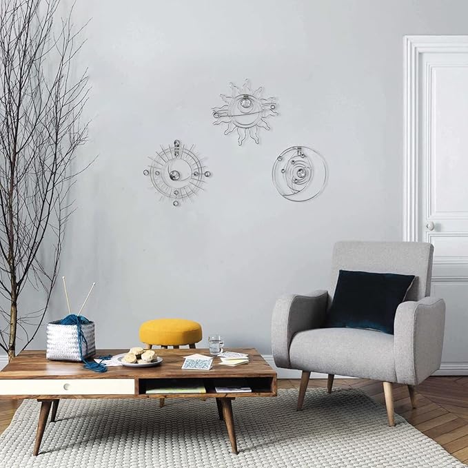 Silver Metal Wall Art, Abstract Sun Moon Star Decor, Modern Line Art Christmas Decorations, Mystical Star Circle Planet Handmade Wall Christmas Decor for Living Room Kitchen Office 9 inch