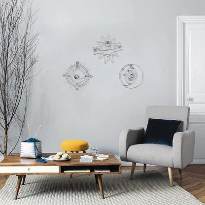 Silver Metal Wall Art, Abstract Sun Moon Star Decor, Modern Line Art Christmas Decorations, Mystical Star Circle Planet Handmade Wall Christmas Decor for Living Room Kitchen Office 9 inch
