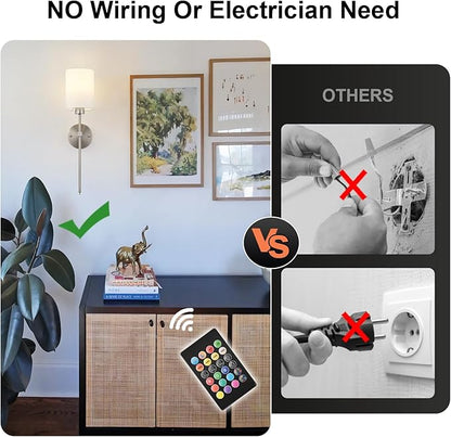 Battery Operated Wall Sconces Set of Two,Wireless Rechargeable Wall Light With Remote Control, Dimmable, 1800K/3000K/4000K/6000K/RGB, Timer, for Living Room, Bedroom, Fireplace, TV, 23.6 Inch, Nickel