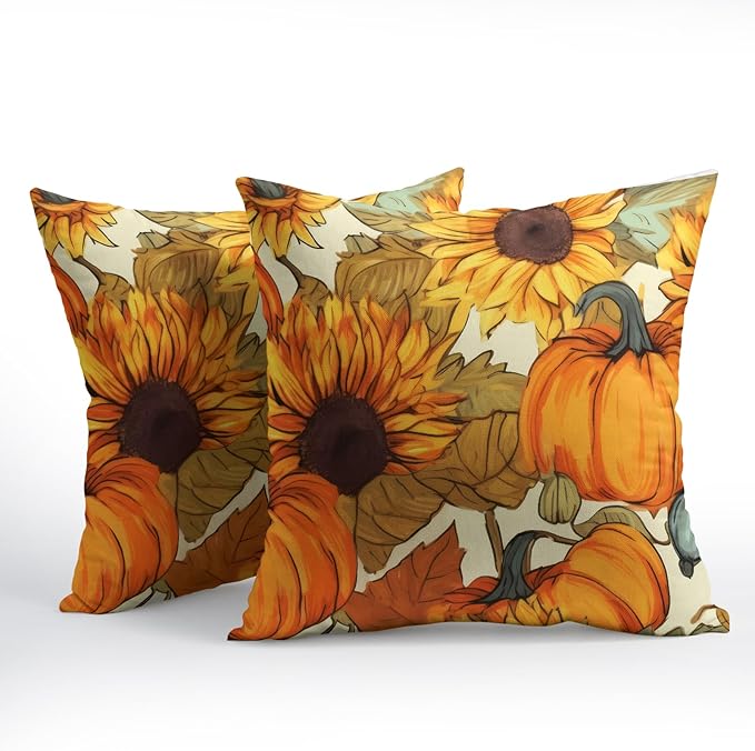 Pumpkin Fall Pillow Covers 16x16 Set of 2 Burnt Orange Autumn Thanksgiving Pillow Cases Sunflower Pattern Outdoor Decorative Holiday Cushion Cover Rustic Decoration Farmhouse Home Sofa Couch Bed Decor