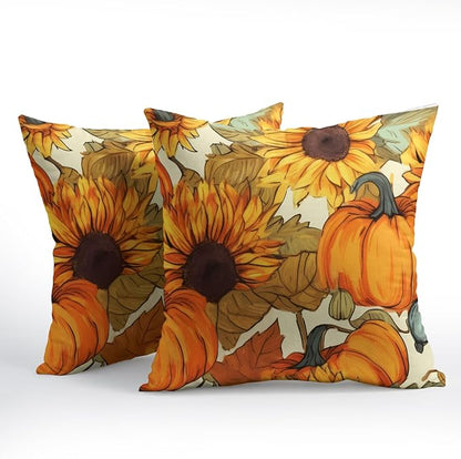 Pumpkin Fall Pillow Covers 20x20 Set of 2 Burnt Orange Autumn Thanksgiving Pillow Cases Sunflower Pattern Outdoor Decorative Holiday Cushion Cover Rustic Decoration Farmhouse Home Sofa Couch Bed Decor