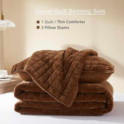 LEAONME Velvet Quilt Oversized California King-120''x120'', Lightweight Caramel Velvet Comforter Set with 2 Pillow Shams, Oversized Bedspread Coverlet Quilted Bedding Set for All Season