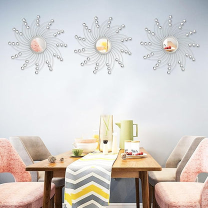 Uaussi 3 Pack Crystal Sunburst Wall Mirror Décor Rhinestone Mirrors Decorative Home Wall Art for Living Room Bedroom Entryway(Curle Burst Silver)