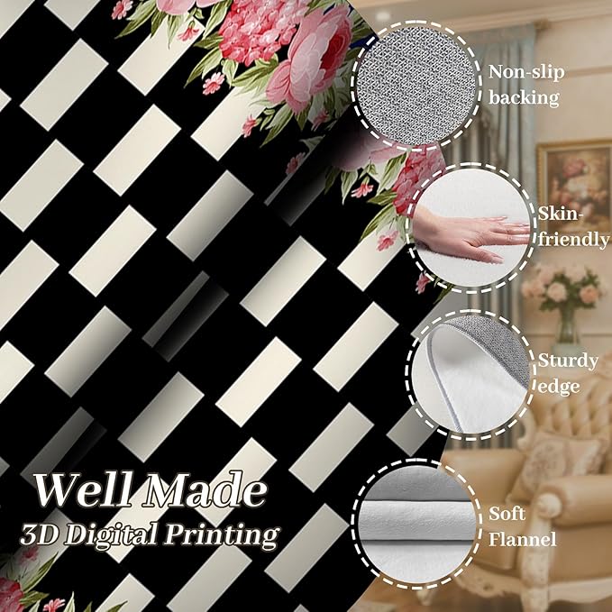 Checkered Floral Design Runner Rug for Entryway, 2x6ft, Pink Rose Luxury Fall Decor Area Carpets for Bedroom, Absorbent Machine Washable Shed Resistant Non-Slip Throw Rugs for Entry