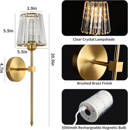 Battery Operated Crystal Wall Sconces Set of 2, Gold Wireless Wall Sconce with USB Rechargeable LED Light Bulbs 12 Colors Dimmable Crystal Wall Lamp with Remote for Bedroom Living Room, Bulbs Included