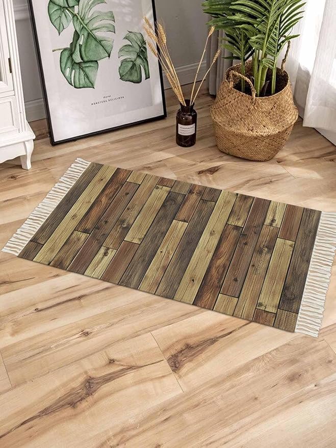 Brown Runner Rug 3X5 Ft Bedroom Area Rug, Washable Woven Vintage Country Wooden Grain Throw Carpet with Tassel, Non-Shedding Farmhouse Cabin Retro Plank Stitching Art Dining Room Living Room Carpets