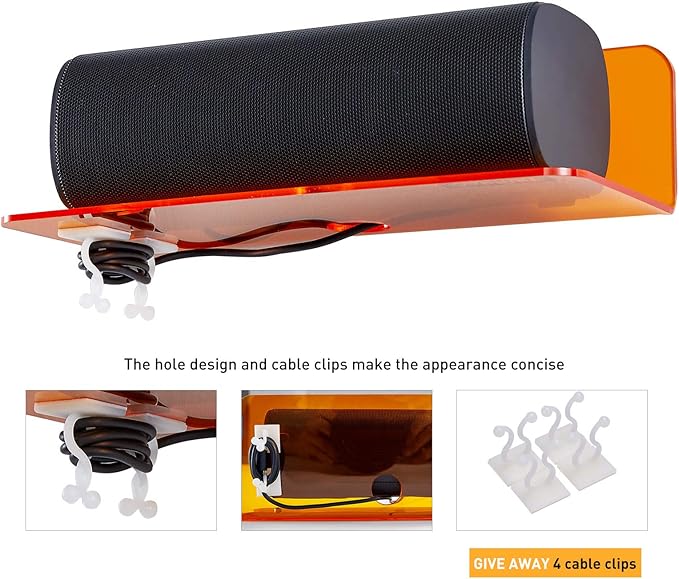 OAPRIRE Small Acrylic Floating Wall Shelves Set of 2, Flexible Use of Wall Space, 9 Inch Adhesive Display Shelf for Security Cameras/Smart Speaker/Action Figures, with Cable Clips - Clear Orange
