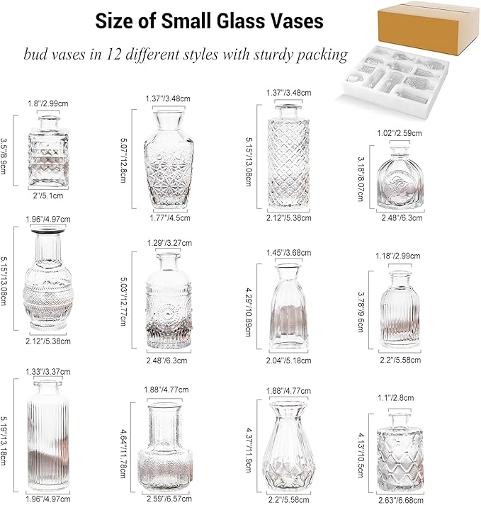 Glass Bud Vases Set of 12, Small Clear Vases for Centerpieces, Mini Glass Vases in Bulk, Vintage Vases Assorted Tiny Flower Vase for Baby Shower Wedding Floral Arrangements Home Table Decorations