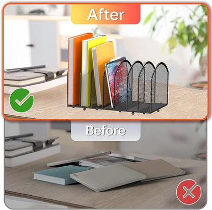 2 Pack Desk File Organizer, 7-Section Upright Mesh Desktop Organizer File Sorter Office Organization Letter Holder, Vertical Desktop File Holder for Office Home, Black
