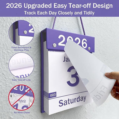 2026 Daily Wall Calendar, Page per Day with Large Print Dates, 365 Day Tear off Wall Calendar for Seniors Gift Home Office School Dorms, 8.5" x 6", Tear Away Calendars with Hanging String, Purple