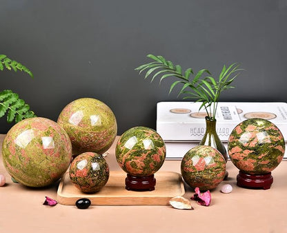 JIC Gem Large Real Crystal Ball with Decoation Stand Unakite Gemstone Sphere Ball for Meditation Energy Reiki Decoation Ball (90-100mm)