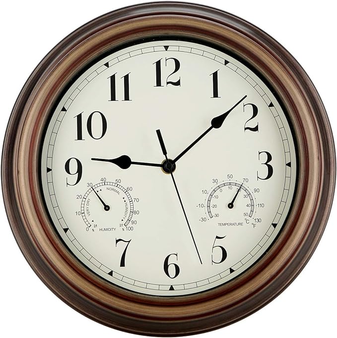Rsobl 12 Inch Indoor Outdoor Wall Clock Waterproof with Temperature and Humidity Combo,Battery Operated Non Ticking Silent Clock Wall Decorative