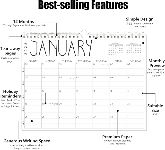 GuassLee 2025 Wall Calendar - 12 Monthly Calendar from September 2025 to August 2026, 14" x 11" 2025-2026 Hanging Calendar with Spiral Binding Week Numbers for School Home Office Planning & Organizing