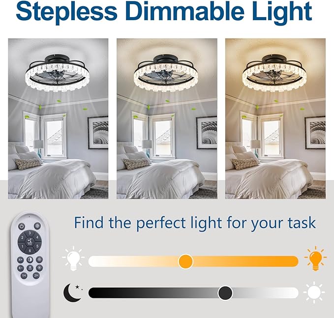 Matte Black Ceiling Fan with Light, Farmhouse Flower Caged Ceiling Fan with Remote, LED Low Profile Ceiling Light for Bedroom Kitchen Living Room
