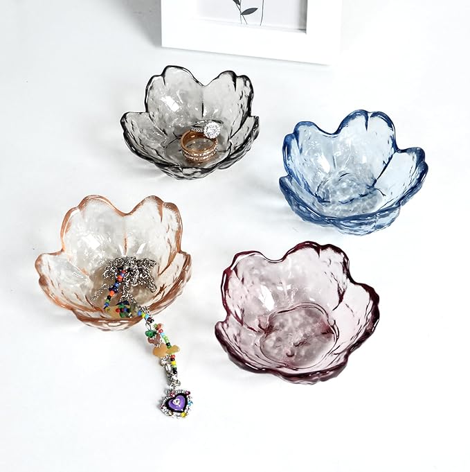 Crystal Blue Flower Ring Dish Jewelry Tray, Decorative Glass Trinket Dish, Modern Accent Tray for Vanity