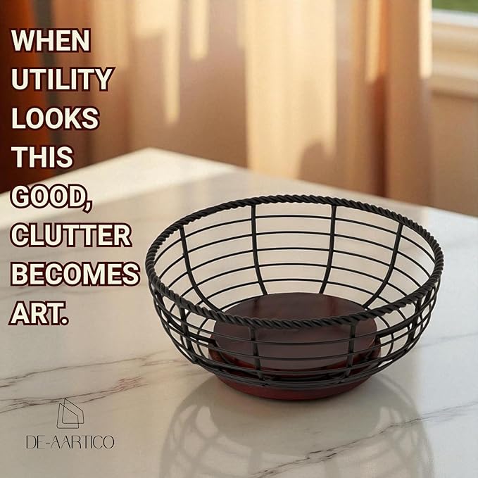 Wood and Iron Fruit Bowls Dishwasher Safe Basket Gift for Home Kitchen, Medium, Natural - 12"x12"x 5" INCHES