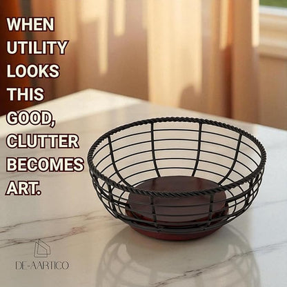 Wood and Iron Fruit Bowls Dishwasher Safe Basket Gift for Home Kitchen, Medium, Natural - 12"x12"x 5" INCHES
