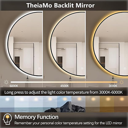 48" Round LED Bathroom Mirror, Wall Mounted Backlit Vanity Mirror with 45° Beveled Frame Lighted Mirror for Bedroom, Fog Free 3-Color Dimmable Lights Memory Function, Black
