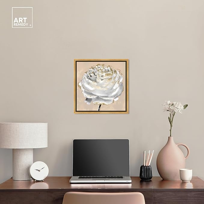Art Remedy Beige Ranunculus Canvas Elegant White Gold Wall Art, Gold Frame, 16" x 16"