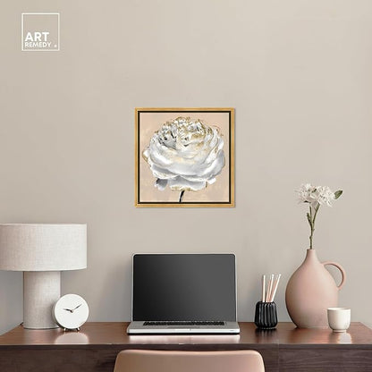 Art Remedy Beige Ranunculus Canvas Elegant White Gold Wall Art, Gold Frame, 16" x 16"