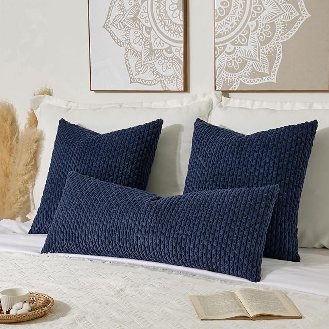 Kevin Textile 20x54 Inch Long Body Lumbar 1 Pack Boho Decorative Throw Pillow Cover Soft Striped Corduroy Rectangle Cushion Case Farmhouse Accent for Living Room Couch Sofa Bed, Navy Blue