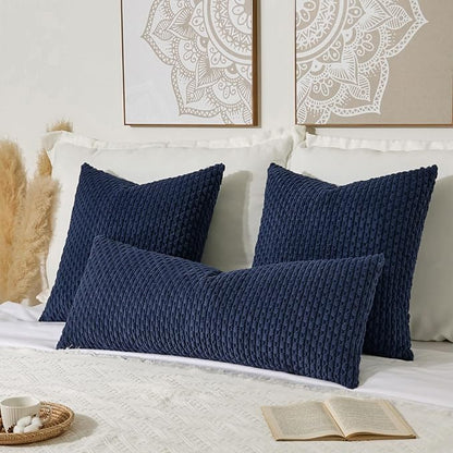 Kevin Textile 20x54 Inch Long Body Lumbar 1 Pack Boho Decorative Throw Pillow Cover Soft Striped Corduroy Rectangle Cushion Case Farmhouse Accent for Living Room Couch Sofa Bed, Navy Blue