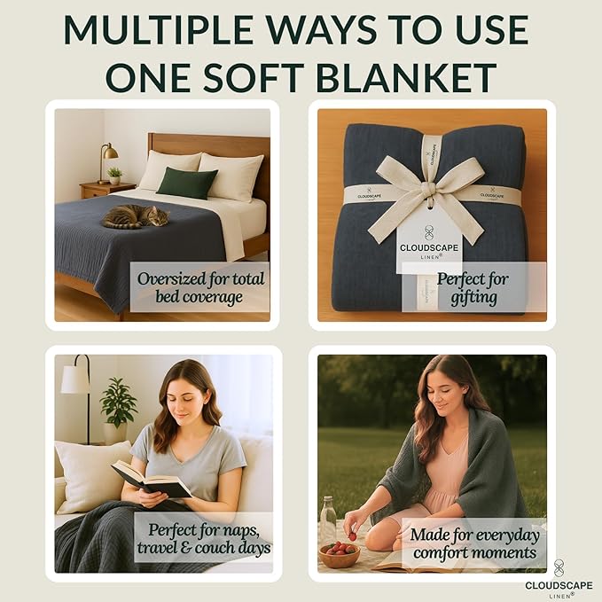 Cloud Scape Linen 8-Layer Muslin Blanket King Size for Adult - 100% Cotton, Breathable and Soft, Perfect Winter Cozy Blanket, Fits up to California King Bed, 92x108, Dark Grey