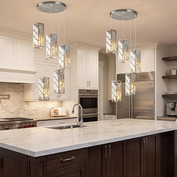 Brass Nickel Pendant Lighting Modern Pendant Light, Mini Crystal Chandeliers,Adjustable Pendant Light Fixture for Kitchen Island Dinning Room Bedroom (5 Light)