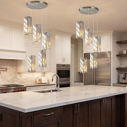 Brass Nickel Pendant Lighting Modern Pendant Light, Mini Crystal Chandeliers,Adjustable Pendant Light Fixture for Kitchen Island Dinning Room Bedroom (5 Light)