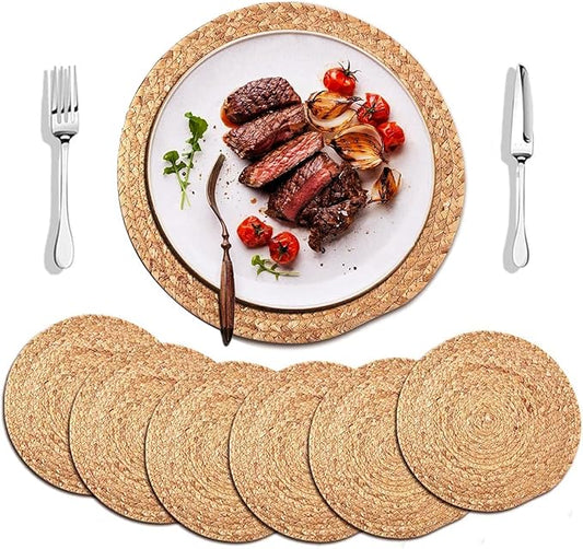 Water Hyacinth Woven Placemats, 13 inches Round Handwoven Boho Vintage Placemats Set of 6 Rattan Plate Chargers Wicker Tablemats Braided Heat Resistant Place Mats for Wedding Party