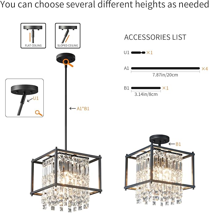 LMQNINE Modern Foyer Chandelier, Black Crystal Chandelier Entryway Light Fixture, Square Adjustable Height Chandeliers for Kitchen Island, L11.81'' x H7.87''