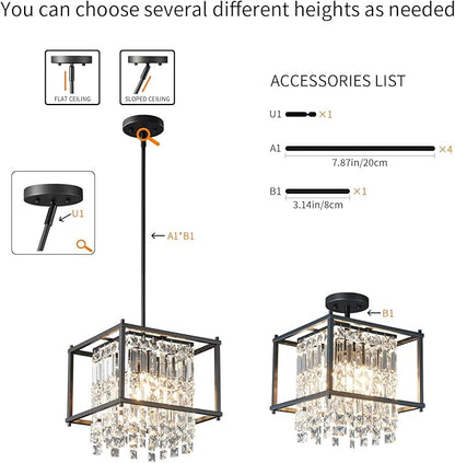 LMQNINE Modern Foyer Chandelier, Black Crystal Chandelier Entryway Light Fixture, Square Adjustable Height Chandeliers for Kitchen Island, L11.81'' x H7.87''