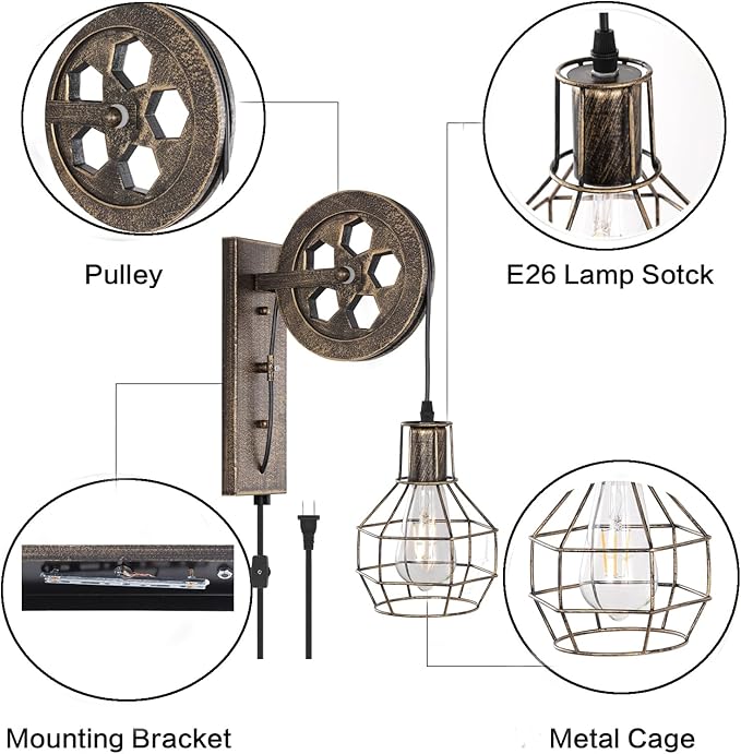 Plug in Wall Sconce Rustic Wall Light Lift Pulley Matte Iron Cage Shade Industrial Mid Century Wall Lamp Indoor Lighting Barn Restaurant (Bronze Color)