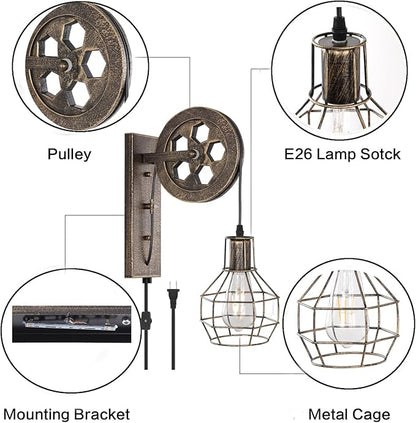 Plug in Wall Sconce Rustic Wall Light Lift Pulley Matte Iron Cage Shade Industrial Mid Century Wall Lamp Indoor Lighting Barn Restaurant (Bronze Color)