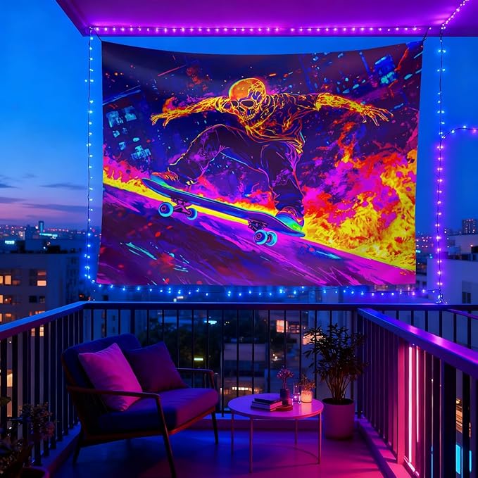 seewan Black Light Skull Tapestry, Glow-in-the-Dark UV Neon Street Art & Graffiti Wall Hanging, Cool Psychedelic Skull Skater Poster Tale, Bedroom Dorm Living Room Background Decor