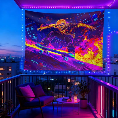seewan Black Light Skull Tapestry, Glow-in-the-Dark UV Neon Street Art & Graffiti Wall Hanging, Cool Psychedelic Skull Skater Poster Tale, Bedroom Dorm Living Room Background Decor