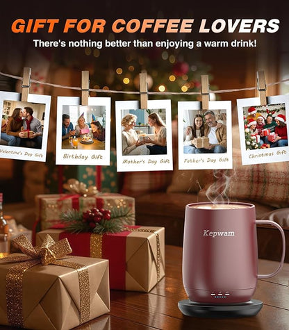 Kepwam Self Heating Coffee Mug T2, 16oz Smart Heated Coffee Mug, 150 Min Battery Life - Hot up to 149℉ Temperature Control Coffee Mug Warmer, Gifts for Dad Mom (No APP)