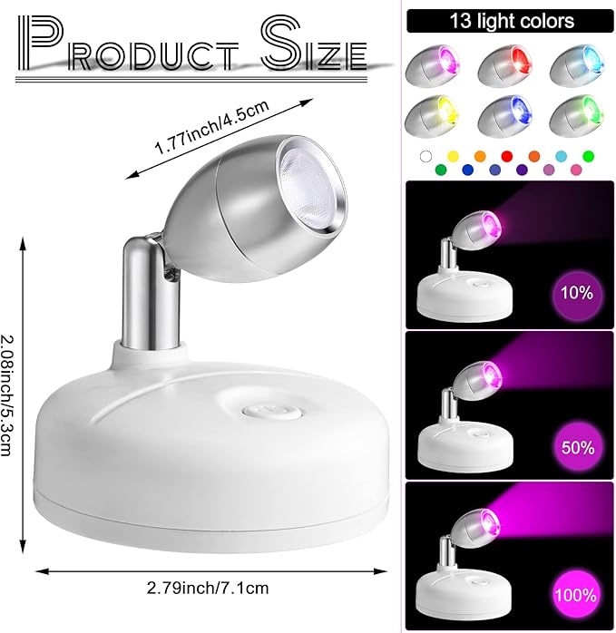 Tuanse 12 Pcs Battery Operated Spotlights Indoor LED Spot Display Lights Battery Powered Uplights 13 Colors Dimmable Mini Accent Lighting for Art Pictures Painting Closet(White)