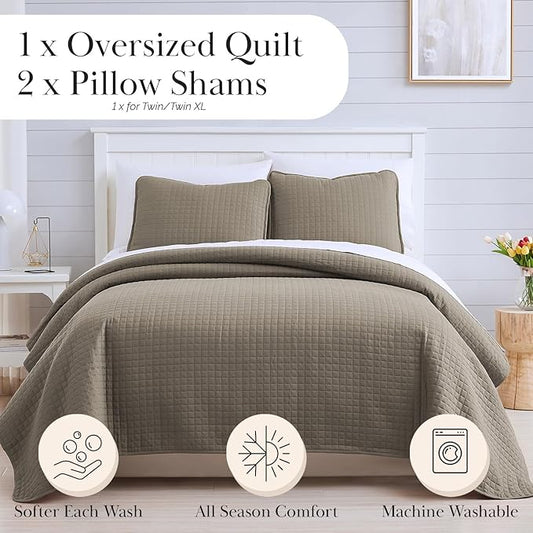 Southshore Fine Living, Inc. Quilts, Full/Queen Size Quilt Bedding Set, Easy Care Stain & Pet Hair Resistant Bedding, Coverlet Queen Size/Full Size Bedspread with 2 Pillow Shams, Dark Taupe