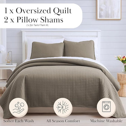 Southshore Fine Living, Inc. Quilt Comforter Twin XL Bedding Set for College Dorm Room, Bedding Essentials, Stain Resistant, Machine Washable Bed Spread, XL/Twin Comforter Set with Sham, Dark Taupe