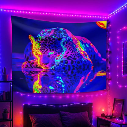 seewan Black Light Leopard Tapestry, UV-Reactive Purple Jaguar Water Reflection Wall Hanging, Psychedelic Wildlife Art Wall Decoration for Bedroom, Dorm, or Living Room