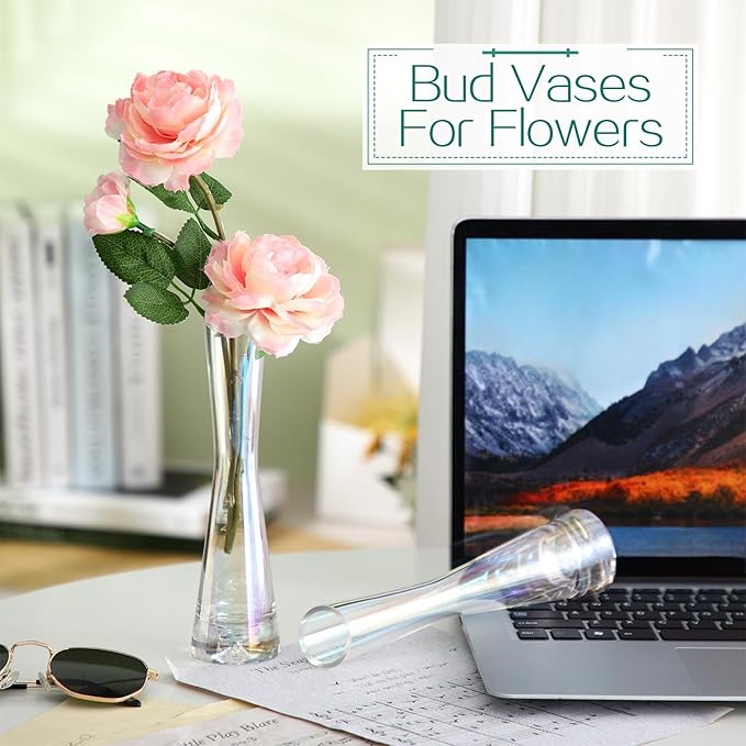 Lallisa 6 Pcs Glass Bud Vases for Centerpieces Maria Modern Clear Small Skinny Decorative Single Flower Bud Vase for Wedding Party Event Home Office Decoration(7.87 Inch,Iridescent)