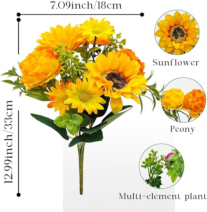 Artificial Flowers for Decoration, 3Pcs Fake Sunflower with Peonies Artificial Flowers Bouquet Silk Flowers for Home Wedding Party Table Centerpieces Vase Decor Indoor Floral Displays (Yellow)