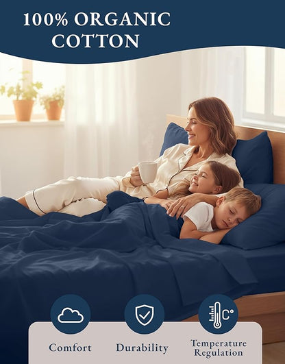 LANE LINEN 100% Organic Cotton Mercerized Twin XL Sheet Set, Reinforced Seams Machine Washable Extra Long Twin Bedding Set, Luxury Hotel Quality Cotton Sheets - Navy