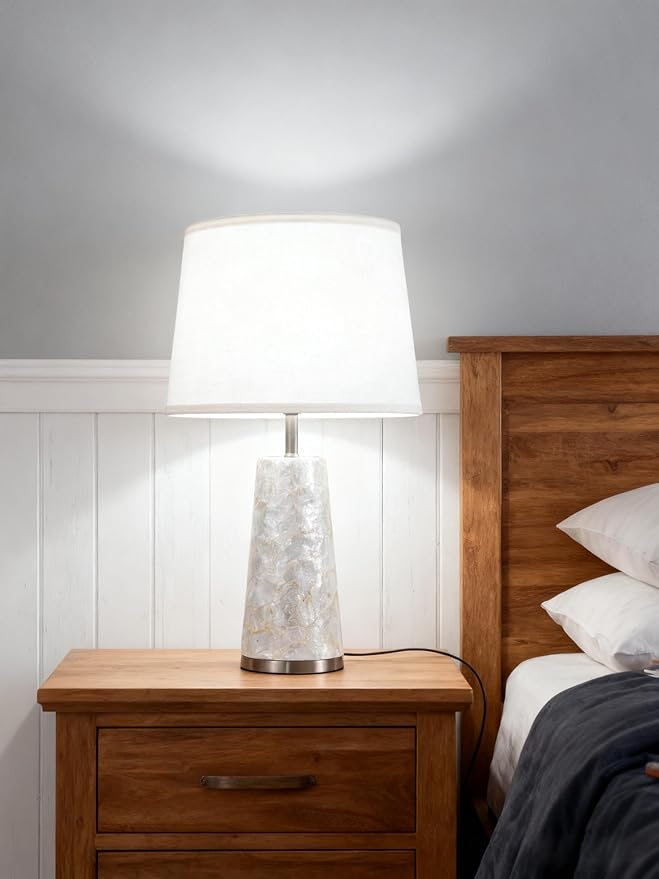 Coastal Table Lamps for Bedroom Nightstand Set of 2, Touch Control Ocean Beach Nautical Seashell Lamp, Modern Sea Shell Bedside Night Stands Light for Beachy Cottage Farmhouse Decor (Silver)