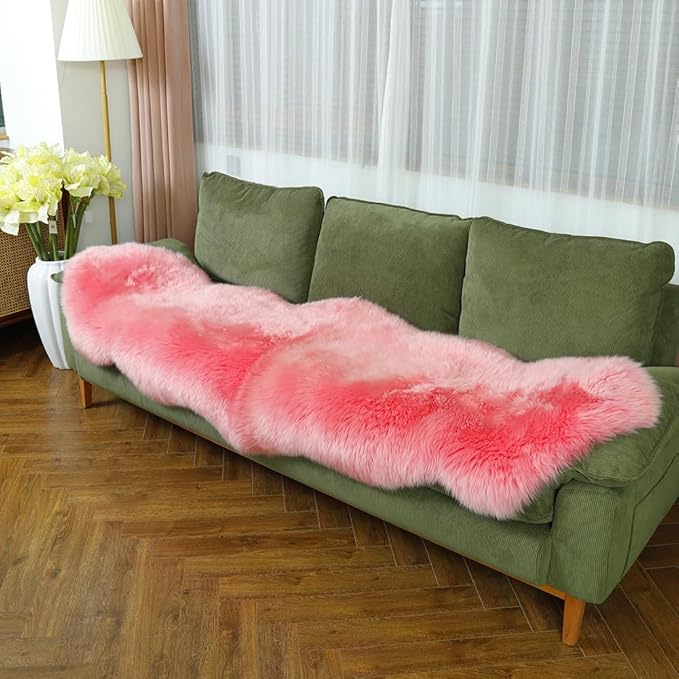 LLB Genuine Sheepskin Area Rug Wool Rug Fur Carpet Fluffy Shaggy Fur Rug for Living Room Kids Bedroom Real Sheepskin Throw Lambskin Rugs Sofa Mat Chair Seat Covers (Pink, 2 x 6 ft Sheepskin)