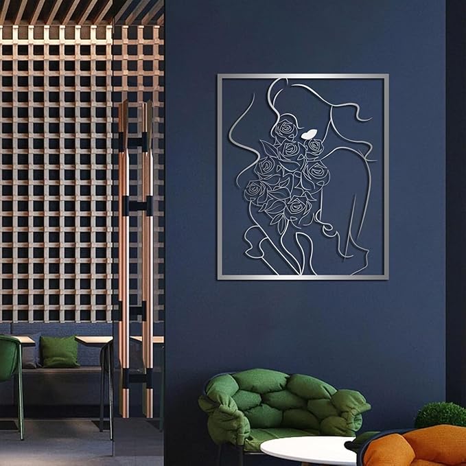 RUNBOAT Metal Women Floral Wall Art - Modern Abstract Metal Line Wall Art, Minimalist Flower Wall Decor, Female Room Decor for Bedroom, Living Room (White, 39x33in|100x83cm)