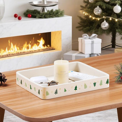 Desk Organizer Tray, PU Leather Valet Tray Nightstand Organizer Cologne Perfume Trays for Men Women, Decorative Vanity Trays Key Bowl Trinket Dish (Christmas Tree Pattern, 10" x 8" x 1.6")