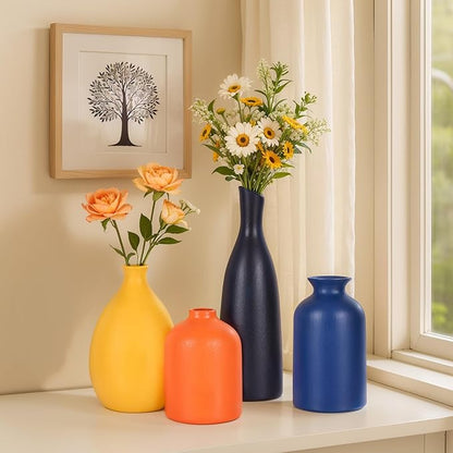 Ceramic Bud Vases Set of 4, Minimalism Style Vases for Rustic Home Decor, Black Yellow Orange Blue Vase, Multi-Color Ceramic Decorative Vases for Modern Home Decor, Floral Arrangements, Centerpieces